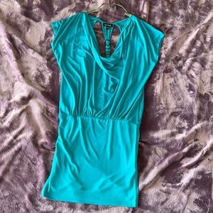 BEBE aqua mini dress, sexy fitted skirt and back showing